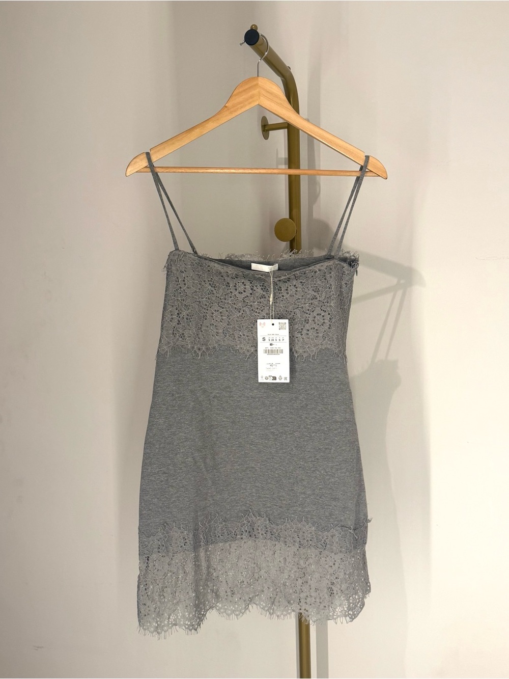 Zara NWT Gray Lace Trim Slip Mini Dress Size S